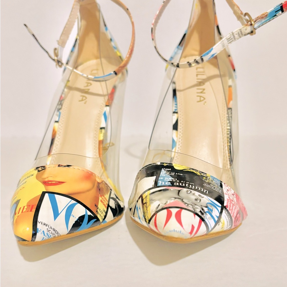 Liliana Vogue Magazine Print with Clear Sides Ankle Strap Heels Size 10